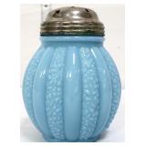 Vntg blue milk glass scrolled rib sugar shaker