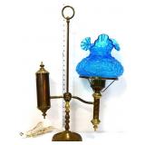Brass student lamp, w/ blue Fenton poppies shade
