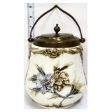 Vntg Majolica floral biscuit jar