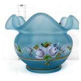 Fenton blue satin rose vase w/ flowers