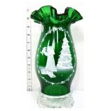 Fenton emerald green Mary Gregory hurricane lamp