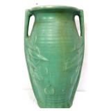 Vntg McCoy green 14in 2 handle vase