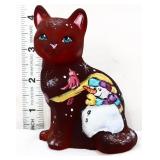 Fenton red satin sitting cat w/ snowman