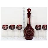 6 piece red bohemian decanter set