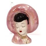Vintage lady head vase with pink hat