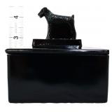 LE Smith black glass cigarette box w/ dog lid