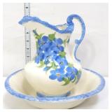 Vntg Cash Pottery pitcher & bowl w/ blue flowers
