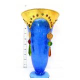 Blue crackle glass 10in vase w/ gold accents