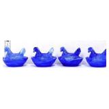 Lot of 4 miniature blue/white marble hens on nest