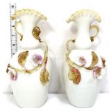 Pair vntg white 9in vases w/ applied flowers