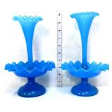 Pair vntg blue small 1 horn epergnes