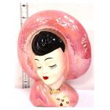 Vntg 7.5in black hair lady head vase