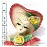 Vntg lady head vase wall pocket, pink hat