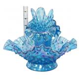 Fenton blue carnival hobnail 3 horn epergne