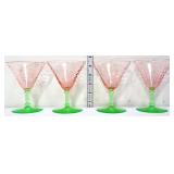 4 Tiffin Franciscan pink/green martini glasses