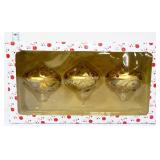3 1990s Dillards gold glass ornaments in box