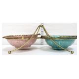 MCM pink & teal bowl set in wire carrier