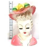 Vntg 7in lady head vase in pink hat