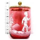 Cranberry Mary Gregory style jar w/ metal lid