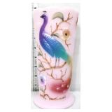 Fenton pink 9in peacock & flowers vase