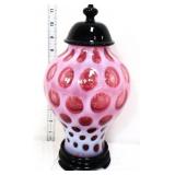Fenton cranberry coin dot ginger jar w/ black lid
