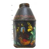 Vntg black toleware painted tea caddy