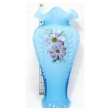 Fenton 12in blue opalesecent feather vase