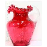 Cranberry coin dot pitcher w/ clear handle