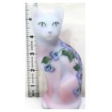 Fenton blue burmese cat w/ morning glory flowers