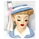 Vntg 5in Napco lady head vase, blue hat, see pics