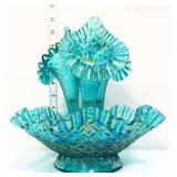 Fenton teal iridescent diamond lace 3 horn epergne