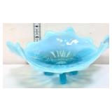 Klondyke blue opalescent 3 footed candy dish