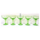 Lot of 5 green depression etched champagne glasses