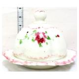 Vintage milk glass domed butter dish w/ flowers