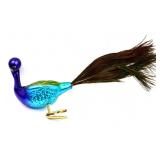 1990s glass peacock clip ornament, real feathers