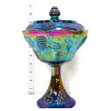 Vintage blue carnival grape pattern lidded compote