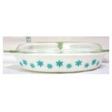 Vtg Pyrex 1.5qt snowflake divided dish w/ lid