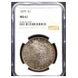 Graded MS61 1879 Morgan silver dollar