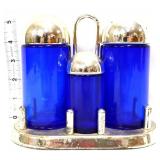 Vntg cobalt condiment set w/ metal carrier
