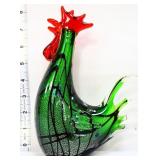 Murano 8in green/black rooster figure