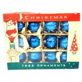 Lot of vintage blue glass ornaments in box