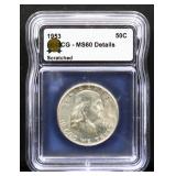 Graded MS60 1953 Franklin half dollar