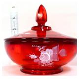 Fenton red lidded candy dish w/ white roses