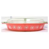 Vtg Pyrex 1.5qt pink daisy divided dish w/ lid