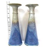 Pair 8in blue/tan stoneware vases