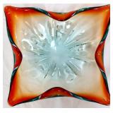 Art glass square blue/orange folded rim dish