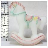 Fenton white satin 4in rocking horse, signed