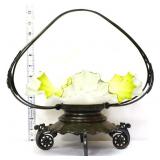 Victorian satin ruffled brides basket, metal stand