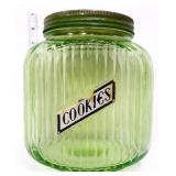 Vntg green depression cookie jar, glows