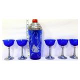 Cobalt cocktail shaker w/ 5 cobalt stemware